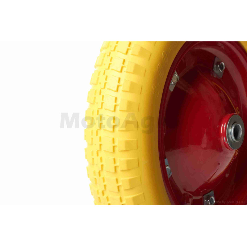 Колесо для тачки у зборі  3.00-8  (поліуретанове, жовте, втулка Ø16)