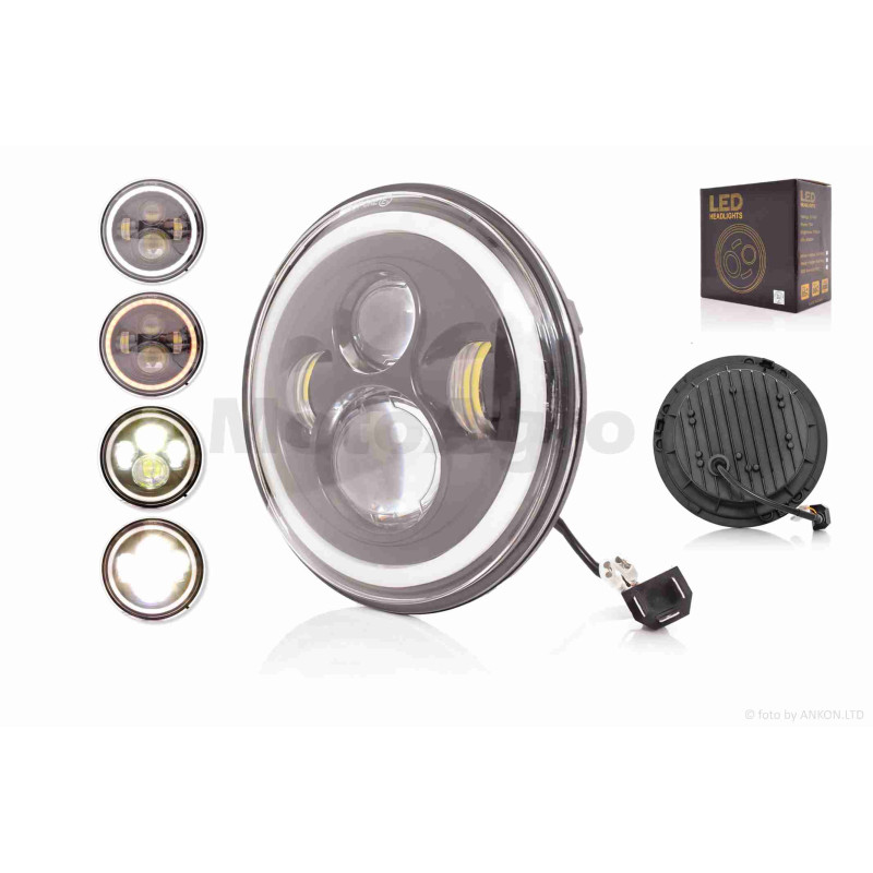 Фара  мото  діодна, кругла, D177, H4, 4 діоди, 2 габарити (білий/жовтий)