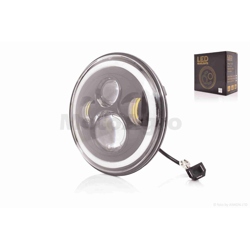 Фара  мото  діодна, кругла, D177, H4, 4 діоди, 2 габарити (білий/жовтий)