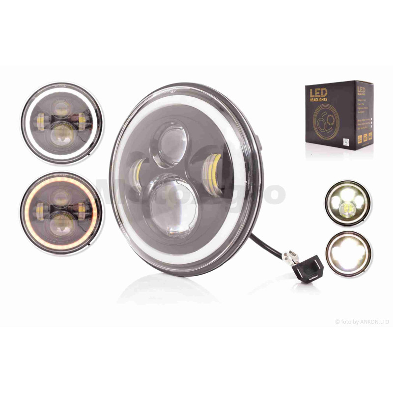 Фара  мото  діодна, кругла, D177, H4, 4 діоди, 2 габарити (білий/жовтий)