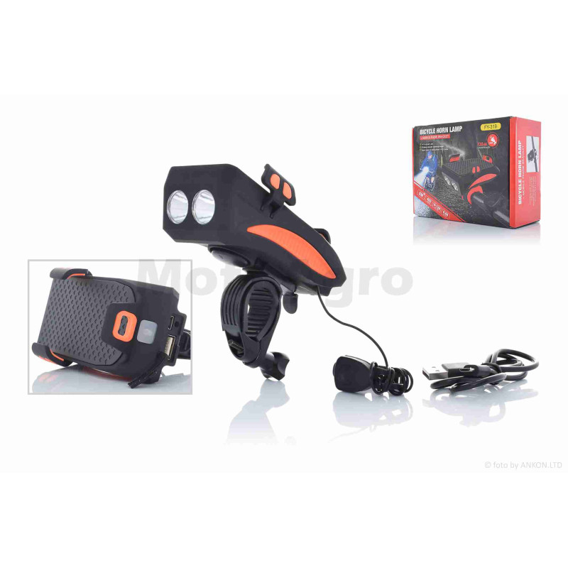 Фара вело  USB/2000mAh, 400lm, 2 діоди, 3 режими, сигнал, тримач телефону  #DEN-045