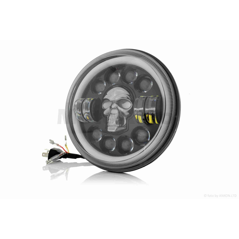 Фара  мото  діодна, кругла, D175, 12 діодів, 2 габарити (білий/жовтий), череп з підсвічуванням