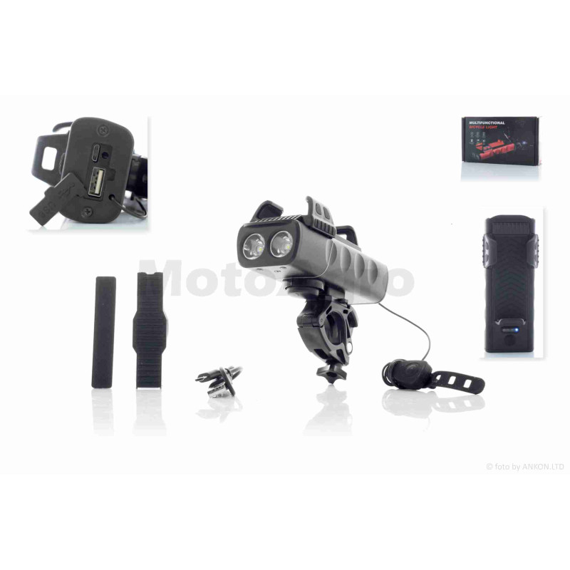 Фара вело з сигналом та тримачем телефону  USB/PowerBank/2000mAh  400lm  2діода  2режиму +flash  #DEN-078