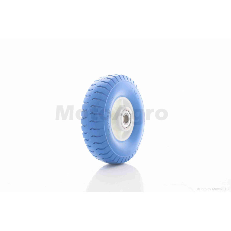 Колесо для тачки у зборі  2.50-4  (поліуретанове, синє, пластиковий диск, підшипник 6204 Ø20)