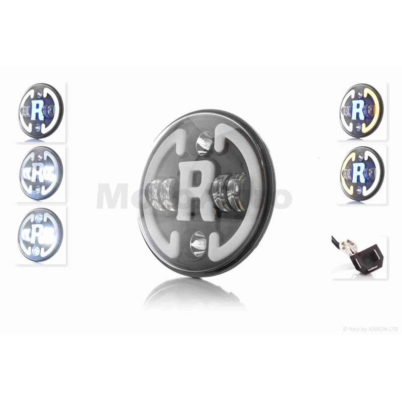 Фара  мото  діодна, кругла, D178, H4, 2 габарити (білий/синій), повороти  #C47-9S1