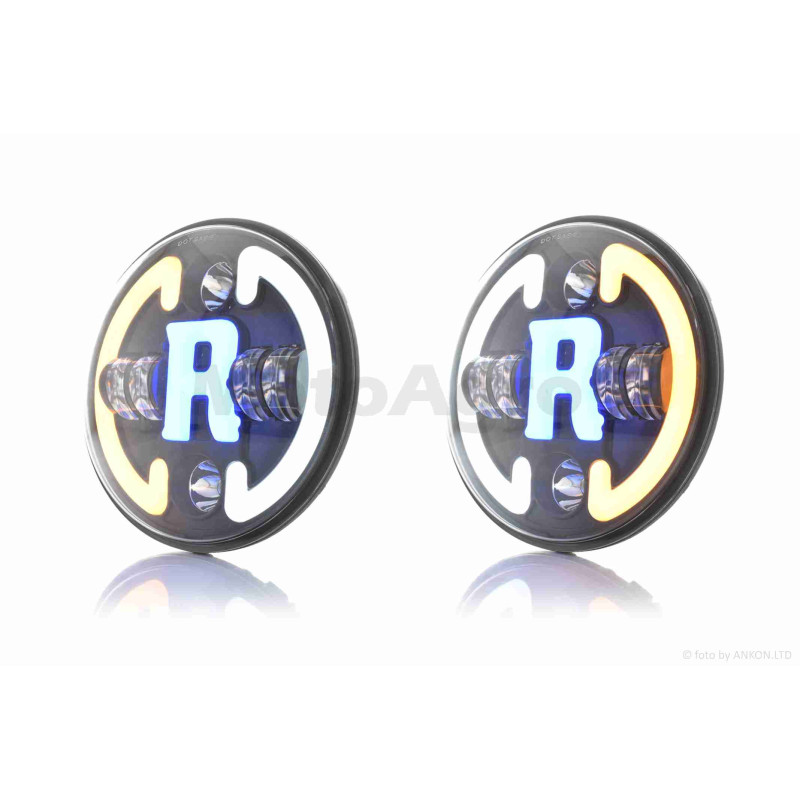 Фара  мото  діодна, кругла, D178, H4, 2 габарити (білий/синій), повороти  #C47-9S1