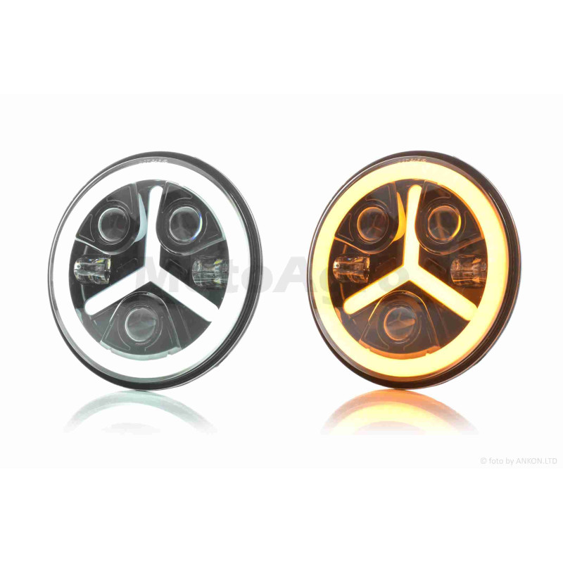 Фара  мото  діодна, кругла, D177, H4, 2 габарити (білий/жовтий)  #C86-BK-1P1