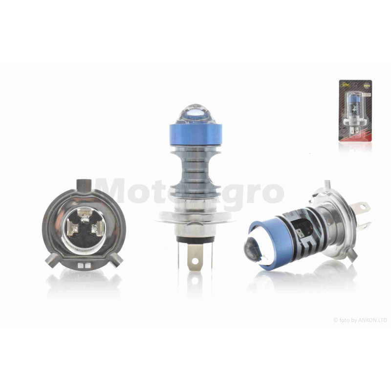 Лампа фари діодна  H4  12-85V, 12W  білий/жовтий, лінза, габарит червоний/синій, D27  "LIPAI"