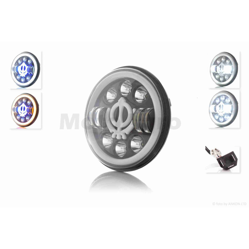 Фара  мото  діодна, кругла, D166, H4, 2 габарити (білий/жовтий + синій)  #C66-7S1