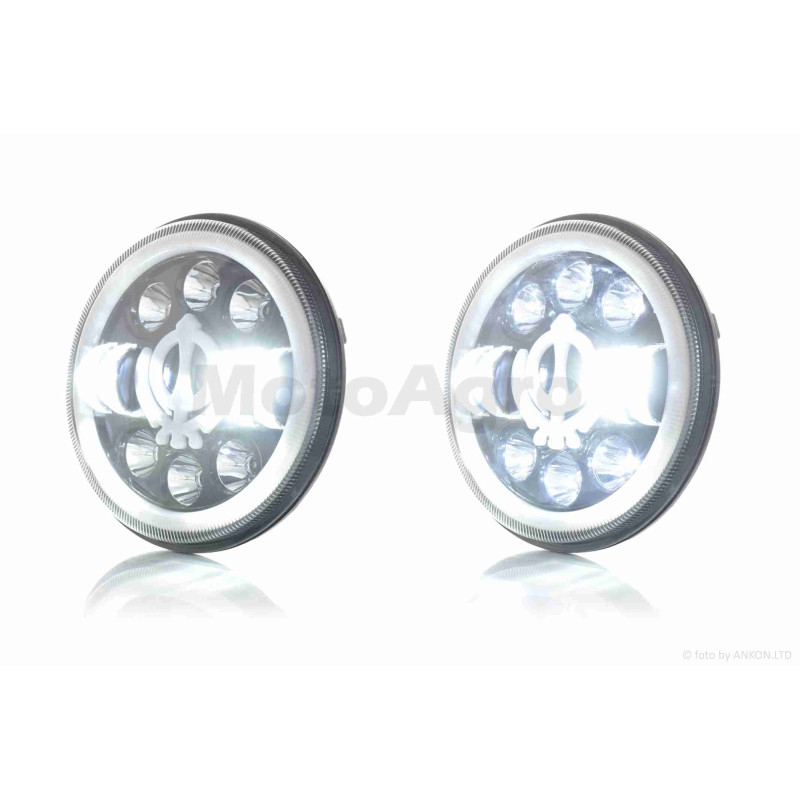 Фара  мото  діодна, кругла, D166, H4, 2 габарити (білий/жовтий + синій)  #C66-7S1